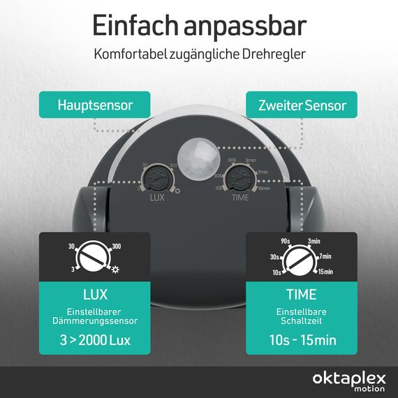 Oktaplex Bea 2er Set Bewegungsmelder Aussen IP65 schwenkbar inkl. Eckwandhalterung PIR-Sensor 180° 12m Reichweite Bewegungssensor Aufputz 230V anthrazit