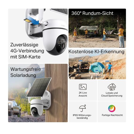 Tapo C615G KIT 4G LTE Überwachungskamera mit SIM-Kartenslot, 360° 2K-3MP Farbnachtsicht, kostenlose KI-Erkennung & Verfolgung, 2-Wege-Audio, IP65, lokaler und Cloud Speicher