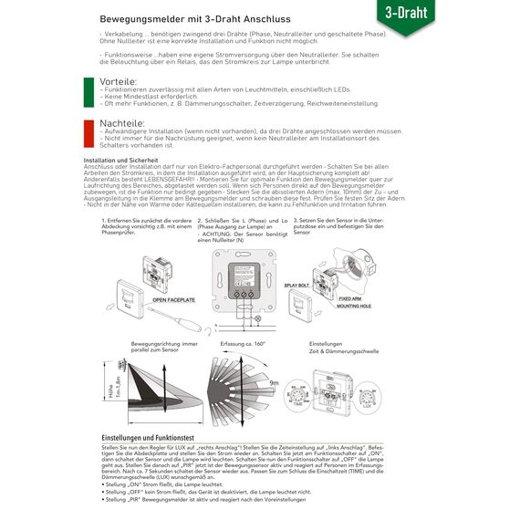 ChiliTec Bewegungsmelder 160° PIR Sensor einstellbar 3-Draht 230V 9m Reichweite Unterputz Wandmontage LED-geeignet Parallel-Schaltung Weiß 2 Stück