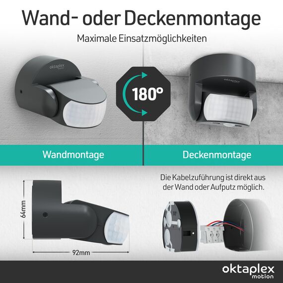 Oktaplex Bea Bewegungsmelder Aussen IP65 schwenkbar 180° Infrarot-Sensor 12m Reichweite 230V anthrazit mit Dämmerungssensor