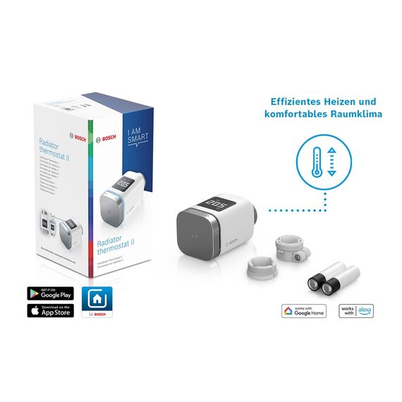 Bosch Smart Home Heizkörperthermostat II, smartes Thermostat mit App-Funktion, kompatibel mit Amazon Alexa, Apple HomeKit, Google Home