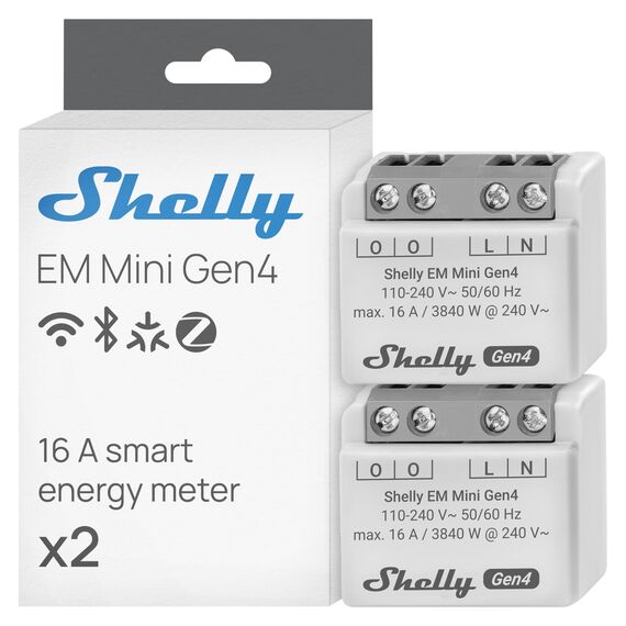 Shelly EM Mini Gen4, WLAN-betriebener Smart-Energiemesser bis zu 16A, Matter, Zigbee, Amperemeter, Voltmeter, Leistungsmessung, Fernsteuerung, Hausautomation, Kein Hub Erforderlich (2 Stück)