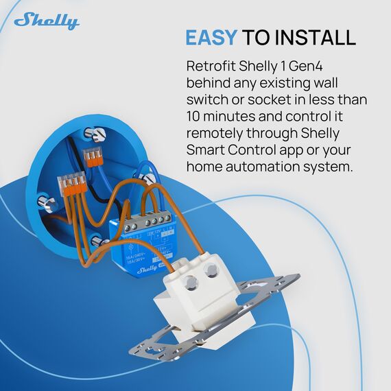 Shelly 1 Gen4 - WLAN Smart Relais Schalter, Potentialfreier Kontakt, 1 Kanal, 16A, Lichtschalter, Garagentoröffner, Smart Home, Zeitschaltuhr, Alexa & Google, Matter, Kein Hub Erforderlich (4 Stück)