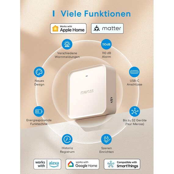 Meross Smart Hub Matter MSH450 | 110 dB Alarm & Ethernet-Port | Unterstützt Wasserventil, Rauchmelder, Wassersensor, Temp./Feuchtesensor | kompatibel mit HomeKit, Alexa, Google Home und Home Assistant