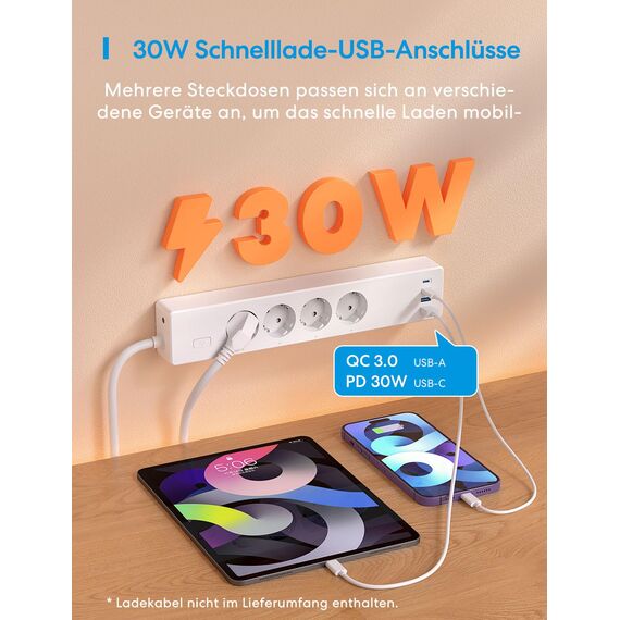Meross Matter Steckdosenleiste GaN USB C Ladegerät 30W, Smart Mehrfachsteckdose WLAN Schnellladegerät funktioniert mit Alexa, Apple HomeKit und Google, 16A, FFS Ver.