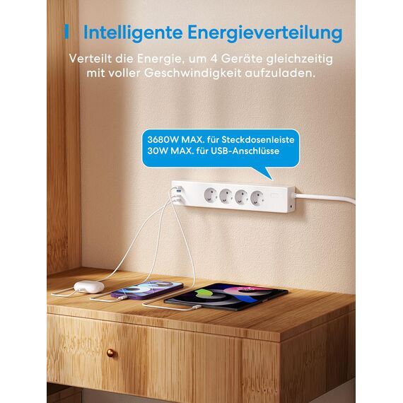 Meross Matter Steckdosenleiste GaN USB C Ladegerät 30W, Smart Mehrfachsteckdose WLAN Schnellladegerät funktioniert mit Alexa, Apple HomeKit und Google, 16A, FFS Ver.