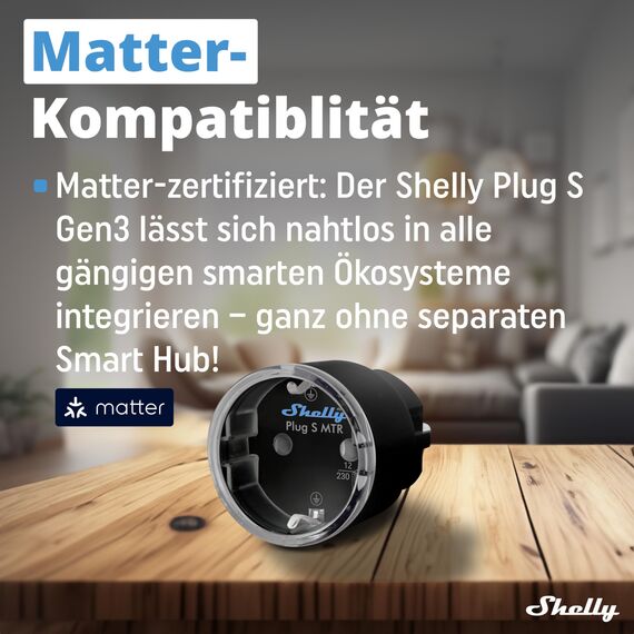 Shelly Plug S Gen3 Schwarz - WLAN Smarte Steckdose, Leistungsmessung, 12A, 2500W, Zeitschaltuhr, Matter-Zertifiziert Stecker, Smart Home, Heizung & Kühlung, Alexa & Google, Kein Hub Erforderlich