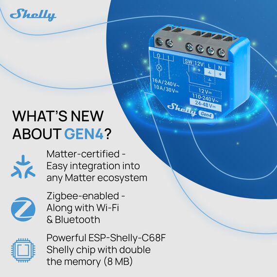 Shelly 1 Gen4 - WLAN Smart Relais Schalter, Potentialfreier Kontakt, 1 Kanal, 16A, Lichtschalter, Garagentoröffner, Smart Home, Zeitschaltuhr, Alexa & Google, Matter, Kein Hub Erforderlich (4 Stück)