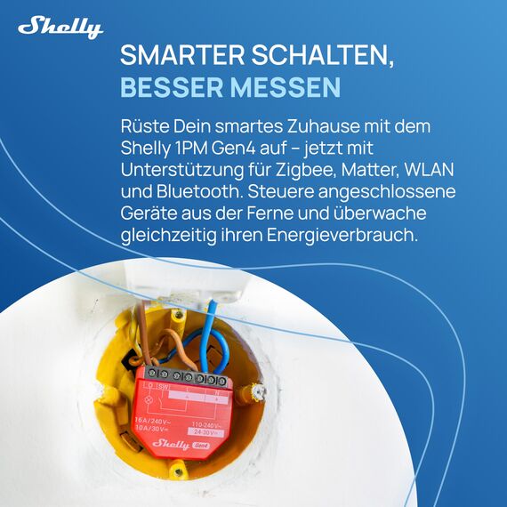 Shelly 1PM Gen4 - WLAN Smart Relais Schalter, Strommessung, Stromzähler, 1 Kanal, 16A, Lichtschalter, Heizung, Smart Home, Zeitschaltuhr, Alexa & Google, Matter, Kein Hub Erforderlich (4 Stück)