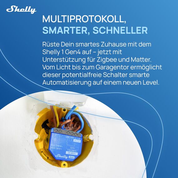 Shelly 1 Gen4 - WLAN Smart Relais Schalter, Potentialfreier Kontakt, 1 Kanal, 16A, Lichtschalter, Garagentoröffner, Smart Home, Zeitschaltuhr, Alexa & Google, Matter, Kein Hub Erforderlich (4 Stück)
