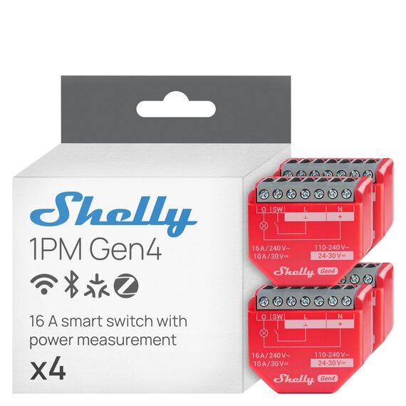 Shelly 1PM Gen4 - WLAN Smart Relais Schalter, Strommessung, Stromzähler, 1 Kanal, 16A, Lichtschalter, Heizung, Smart Home, Zeitschaltuhr, Alexa & Google, Matter, Kein Hub Erforderlich (4 Stück)