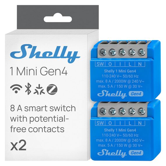 Shelly 1 Mini Gen4, WLAN-Smart-Relaisschalter, 1 Kanal, 8A, Potentialfreier Kontakt, Lichtschalter, Garagentoröffner, Smart Home, Zeitschaltuhr, Alexa & Google, Matter, Kein Hub Erforderlich (2 Stück)