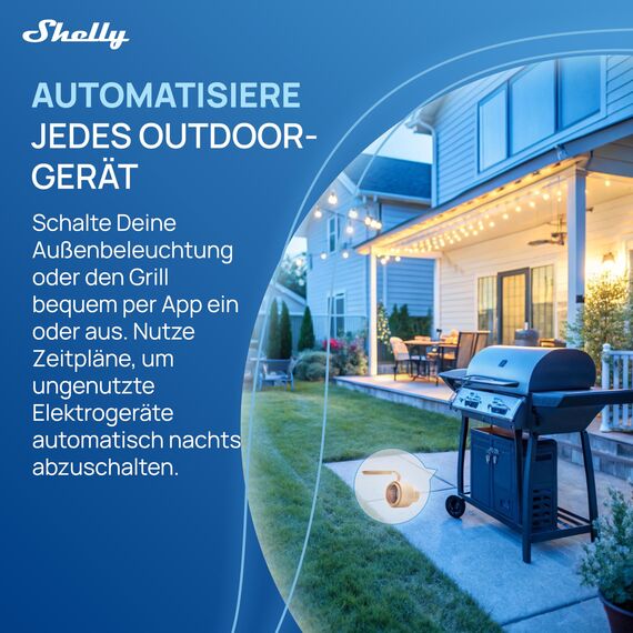 Shelly Outdoor Plug S Gen3, WLAN Smarte Steckdose für den Außenbereich, IP44, Matter-Zertifiziert, 12A, 2500W, Außenbeleuchtung, Leistungsmessung, Außenautomatisierung, Alexa, Google, Apple Homekit