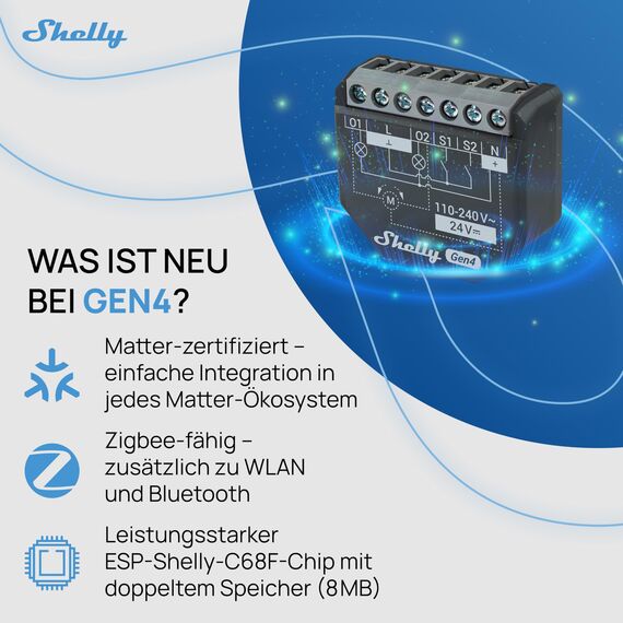 Shelly 2PM Gen4 - WLAN Smart Relais Schalter, Rolladenschalter, Stromzähler, 2 Kanäle, 16A, Lichtschalter, Smart Home, Zeitschaltuhr, Alexa, Google & HomeKit, Matter, Kein Hub Erforderlich