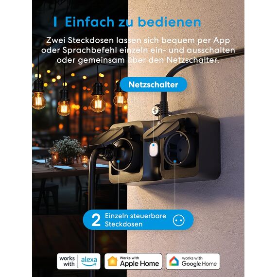 Meross WLAN Steckdose Outdoor mit Stromverbrauch, Smart Steckdose Stromzähler für Balkonkraftwerk Außensteckdose wasserdichte IP44, funktioniert mit HomeKit, Alexa und Google, 16A, 1.5m Kabel