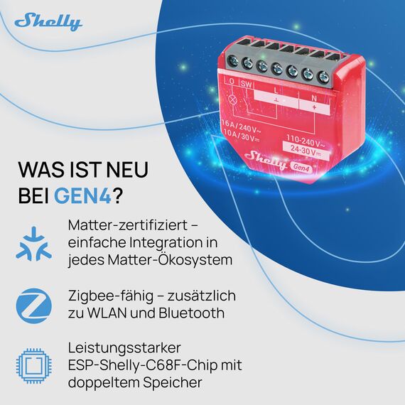 Shelly 1PM Gen4 - WLAN Smart Relais Schalter, Strommessung, Stromzähler, 1 Kanal, 16A, Lichtschalter, Heizung, Smart Home, Zeitschaltuhr, Alexa & Google, Matter, Kein Hub Erforderlich (2 Stück)