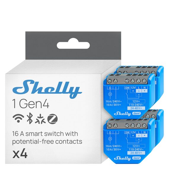 Shelly 1 Gen4 - WLAN Smart Relais Schalter, Potentialfreier Kontakt, 1 Kanal, 16A, Lichtschalter, Garagentoröffner, Smart Home, Zeitschaltuhr, Alexa & Google, Matter, Kein Hub Erforderlich (4 Stück)