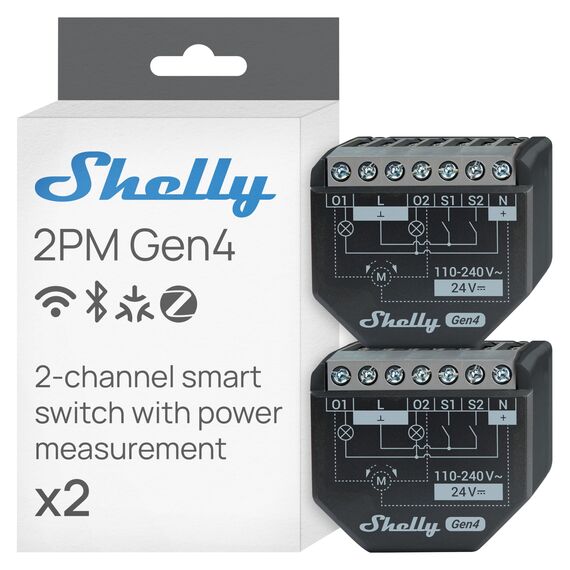 Shelly 2PM Gen4 - WLAN Smart Relais Schalter, Rolladenschalter, Stromzähler, 2 Kanäle, 16A, Lichtschalter, Smart Home, Zeitschaltuhr, Alexa, Google & HomeKit, Matter, Kein Hub Erforderlich (2 Stück)