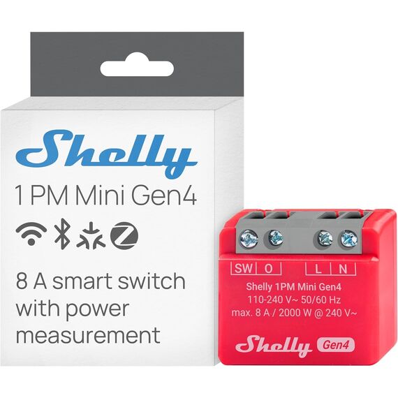 Shelly 1PM Mini Gen4, WLAN-betriebener Smart-Relaisschalter, 1 Kanal, 8A, Leistungsmessung, Hausautomation, Kein Hub Erforderlich, Alexa, Apple HomeKit & Google Home, Zigbee & Matter (4 Stück)