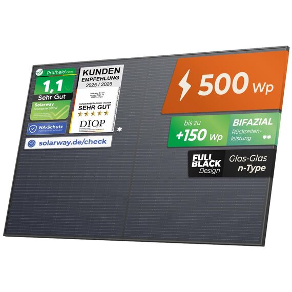 Solarway 500W Solarpanel Full Black Bifazial Glas/Glas PV Panel mit positiver Leistungstoleranz von 0-5 Watt, n-type, geeignet für Balkonkraftwerk (6 Panels)