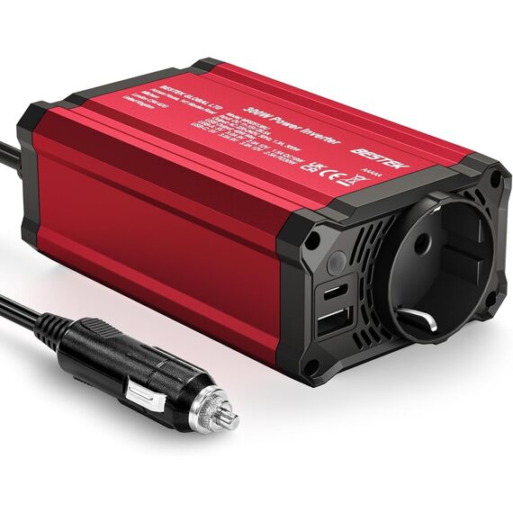 300W Auto Wechselrichter, DC 12 V auf 230 V Auto-Wechselrichter mit AC Steckdosen und 3.4 A Dual-USB-Anschlüssen, Autostecker Adapter Steckdosenkonverter