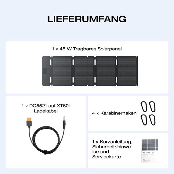 EF ECOFLOW 45 W Tragbares und klappbares Solarpanel, 25% hocheffiziente n-Typ-Solarzellen, wasser- und staubdicht gemäß IP68, geeignet für Camping, Rucksäcke, SUVs und Minivans