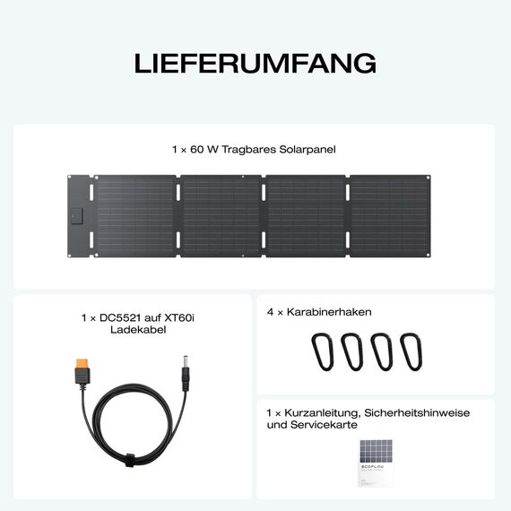 EF ECOFLOW 60 W Tragbares und klappbares Solarpanel, 25% hocheffiziente n-Typ-Solarzellen, wasser- und staubdicht gemäß IP65, geeignet für Camping, Rucksäcke, SUVs und Minivans