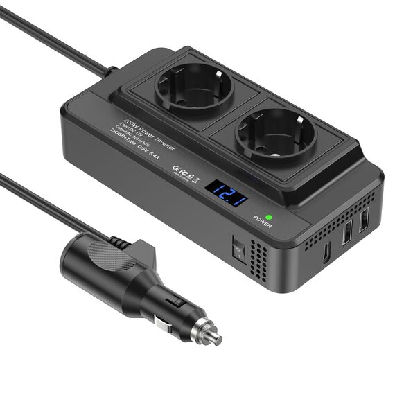 200 W Auto-Spannungswandler, Wechselrichter, DC 12 V auf AC 230 V, mit 2 Steckdosen und 3 USB-Anschlüssen, Schnelllade-Autoladegerät mit Zigarettenanzünderstecker für Geschäftsreisen und Urlaub
