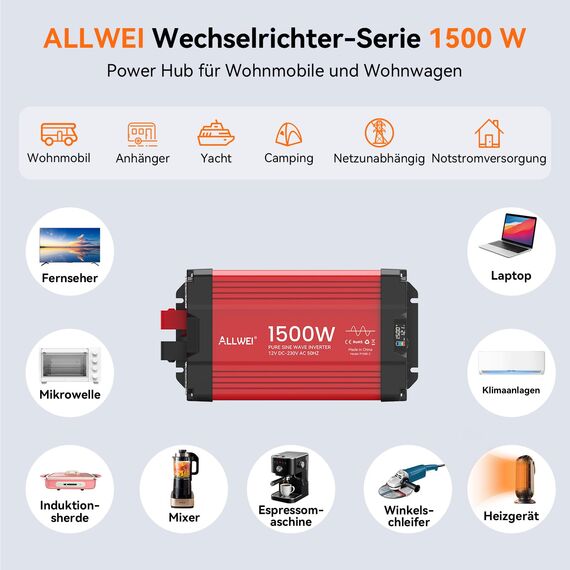 ALLWEI 1500W Reiner Sinus Wechselrichter 12v auf 230v Spannungswandler für Zuhause, Wohnmobil, LKW, netzunabhängige Solaranlagen Wechselrichter Inverter 12v 220v,Spitzenleistung 3000W
