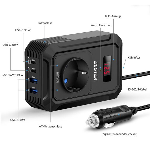 BESTEK 200W Spannungswandler 12 V auf 240 V 230 V AC Auto-Wechselrichter,3-pin Steckdosen,2PD 30W und 2 QC18W Anschlüsse Anschlüssen Zigarettenanzünderstecker,von Laptops, iPhones,und mehr,Schwarz