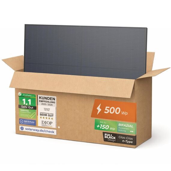 Solarway 500W Solarpanel Full Black Bifazial Glas/Glas PV Panel mit positiver Leistungstoleranz von 0-5 Watt, n-type, geeignet für Balkonkraftwerk