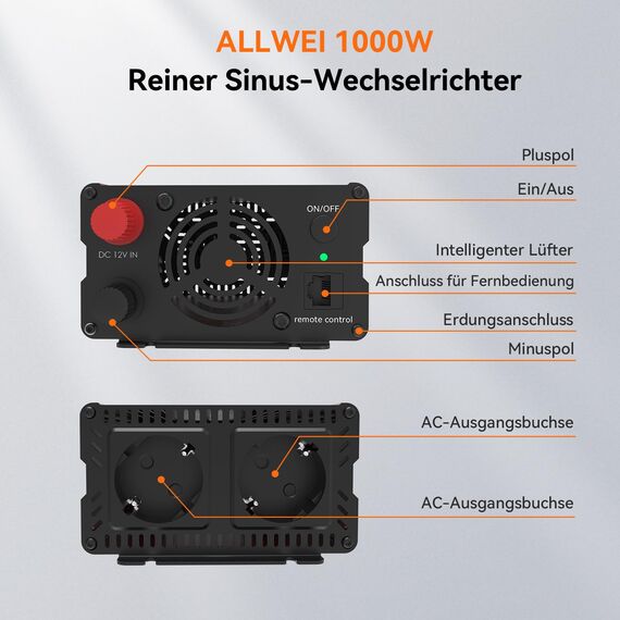 ALLWEI 1000W Reiner Sinus Wechselrichter 12v auf 230v Spannungswandler für Zuhause, Wohnmobil, LKW, netzunabhängige Solaranlagen Wechselrichter Inverter 12v 220v,Spitzenleistung 2000W