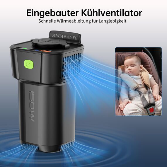 AUCARAUTO 150W Spannungswandler, DC 12V zu 230V AC 5-in-1 Wechselrichter Getränkehalter Konverter mit 10A Zigarettenanzünder Steckdose, 2 USB-C 30W & 1 USB-A 18W Ladeanschlüsse - Schwarz