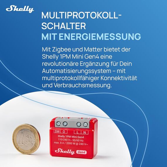 Shelly 1PM Mini Gen4, WLAN-betriebener Smart-Relaisschalter, 1 Kanal, 8A, Leistungsmessung, Hausautomation, Kein Hub Erforderlich, Alexa, Apple HomeKit & Google Home, Zigbee & Matter (4 Stück)