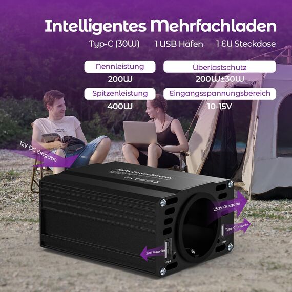 TAGEEBLU 200W Wechselrichter 12V auf 230V, spannungswandler 12v 230v mit 1 Steckdosen、Type-C 30W、USB-Schnellladung 20W