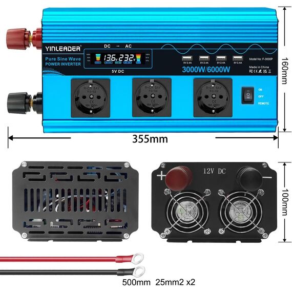 Wechselrichter 3000W /6000W Spannungswandler Reiner Sinus 12V 230V mit 3 Europäische Steckdose und 4 USB-Anschlüsse LCD Spannungsanzeige