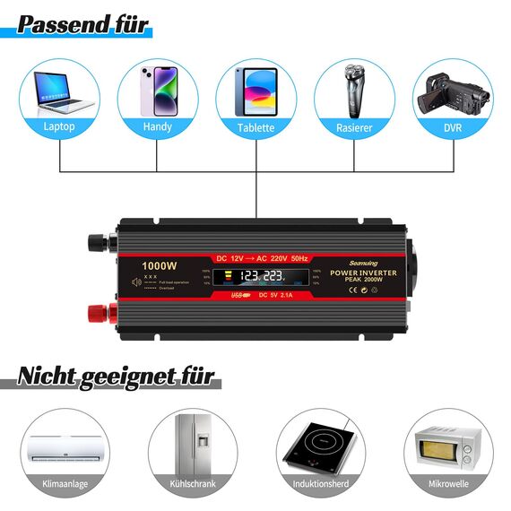 Seamuing 2000W Wechselrichter DC 12V auf AC 230V Spannungswandler 1 AC Steckdose & 2 USB Port Stromwandler mit Alligatorclip Zigarettenanzünder Stecker Power Inverter für Auto KFZ Wohnwagen LKW