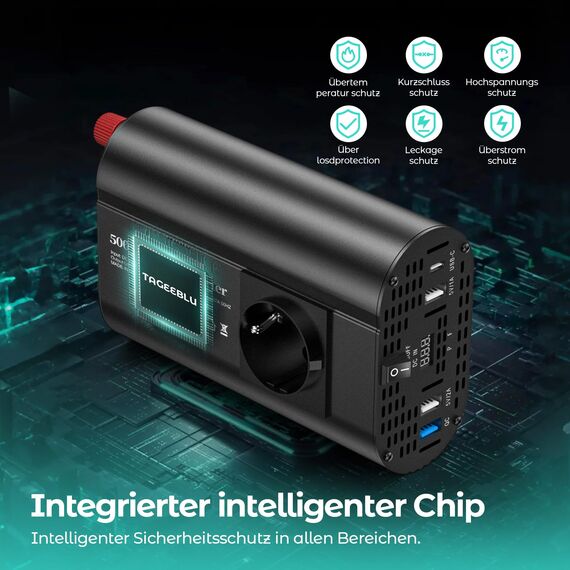 TAGEEBLU 500W Wechselrichter 12V auf 230V, spannungswandler 12v 230v mit 1 Steckdosen、Type-C 30W、USB-Schnellladung 25W、3 USB-Anschlüsse, LED-Anzeige, Laden von Handys, Laptops und Anderen Geräten