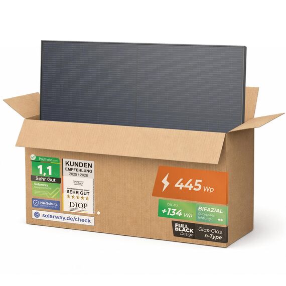 Solarway 445W Solarpanel Full Black Bifazial Glas/Glas PV Panel mit positiver Leistungstoleranz von 0-5 Watt, n-type, geeignet für Balkonkraftwerk (10 Panels)