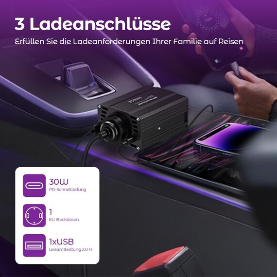 TAGEEBLU 200W Wechselrichter 12V auf 230V, spannungswandler 12v 230v mit 1 Steckdosen、Type-C 30W、USB-Schnellladung 20W