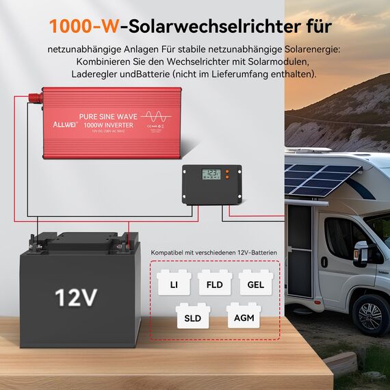 ALLWEI 1000W Reiner Sinus Wechselrichter 12v auf 230v Spannungswandler für Zuhause, Wohnmobil, LKW, netzunabhängige Solaranlagen Wechselrichter Inverter 12v 220v,Spitzenleistung 2000W