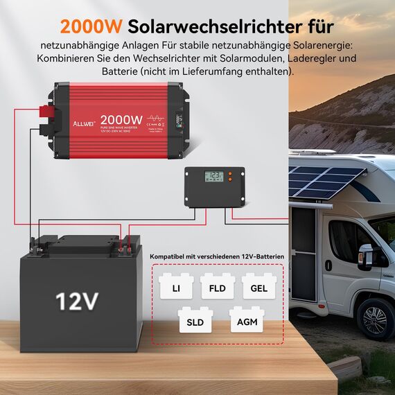 ALLWEI 2000W Reiner Sinus Wechselrichter 12v auf 230v Spannungswandler für Zuhause, Wohnmobil, LKW, netzunabhängige Solaranlagen Wechselrichter Inverter 12v 220v,Spitzenleistung 4000W