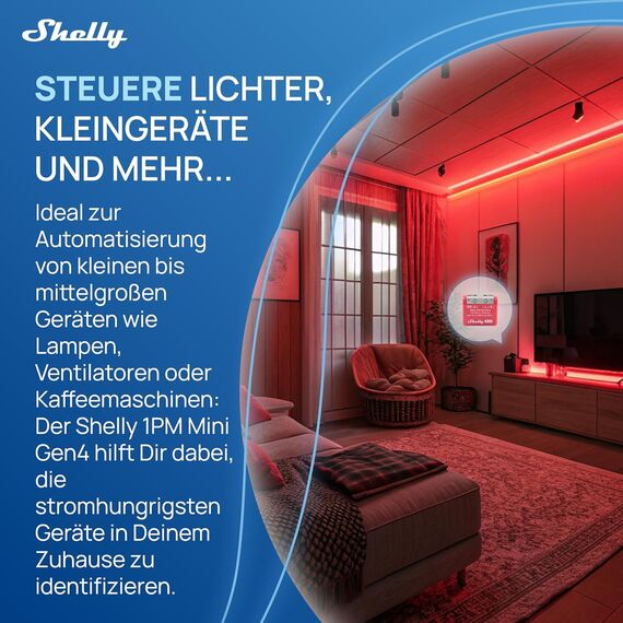 Shelly 1PM Mini Gen4, WLAN-betriebener Smart-Relaisschalter, 1 Kanal, 8A, Leistungsmessung, Hausautomation, Kein Hub Erforderlich, Alexa, Apple HomeKit & Google Home, Zigbee & Matter (4 Stück)