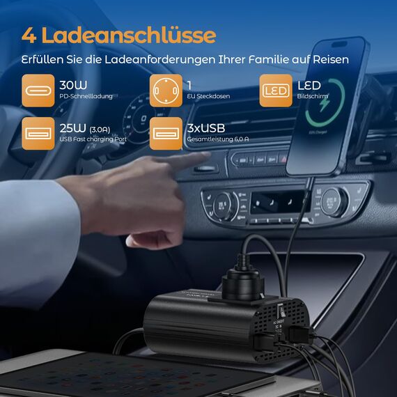 TAGEEBLU 300W Wechselrichter 12V auf 230V, spannungswandler 12v 230v mit 1 Steckdosen、Type-C 30W、USB-Schnellladung 25W、3 USB-Anschlüsse, LED-Anzeige, Laden von Handys, Laptops und Anderen Geräten