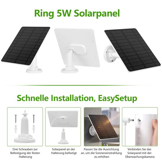 Solarmodul für Ring Kamera,GuKKK 5W Kamera Solarpanel kompatibel mit Ring Spotlight Cam/Pro/Plus Akku & Stick Up Cam/Pro Akku mit Barrel Plug 4m Ladekabel IP65 Wasserdicht Solar Ladegerät (1)