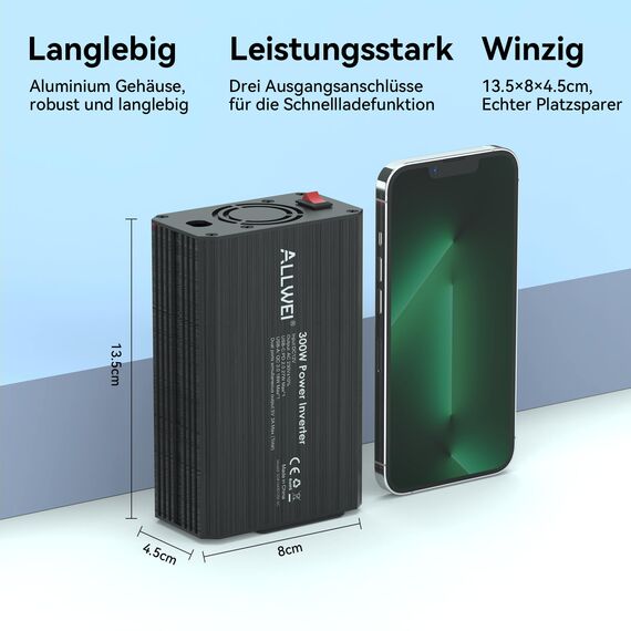ALLWEI 300W Wechselrichter 12V auf 230V Spannungswandler, Stromwandler mit Typ-C & USB Anschluss, Inverter 12V 220V, Auto Steckdose für Auto, Laden von Handys, Laptops und Anderen Geräten (Schwarz)