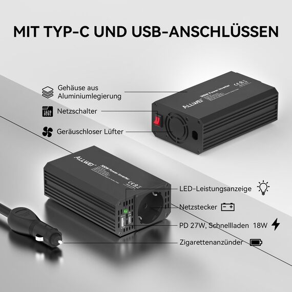 ALLWEI 300W Wechselrichter 12V auf 230V Spannungswandler, Stromwandler mit Typ-C & USB Anschluss, Inverter 12V 220V, Auto Steckdose für Auto, Laden von Handys, Laptops und Anderen Geräten (Schwarz)