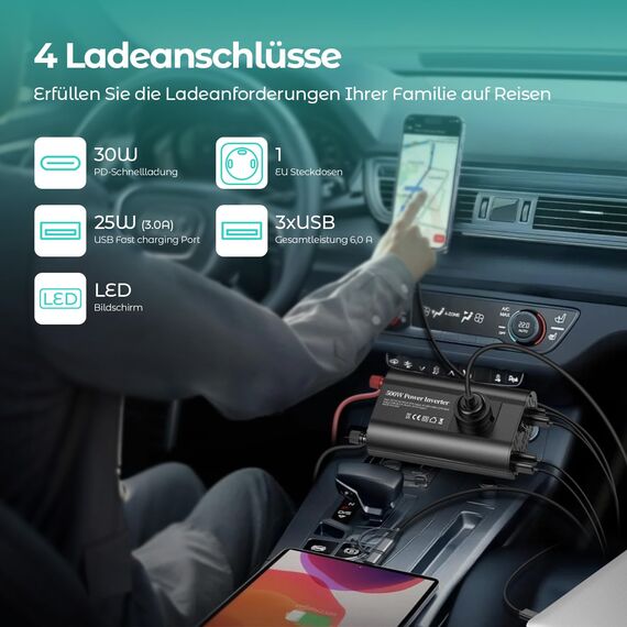 TAGEEBLU 500W Wechselrichter 12V auf 230V, spannungswandler 12v 230v mit 1 Steckdosen、Type-C 30W、USB-Schnellladung 25W、3 USB-Anschlüsse, LED-Anzeige, Laden von Handys, Laptops und Anderen Geräten