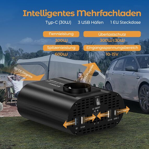 TAGEEBLU 300W Wechselrichter 12V auf 230V, spannungswandler 12v 230v mit 1 Steckdosen、Type-C 30W、USB-Schnellladung 25W、3 USB-Anschlüsse, LED-Anzeige, Laden von Handys, Laptops und Anderen Geräten