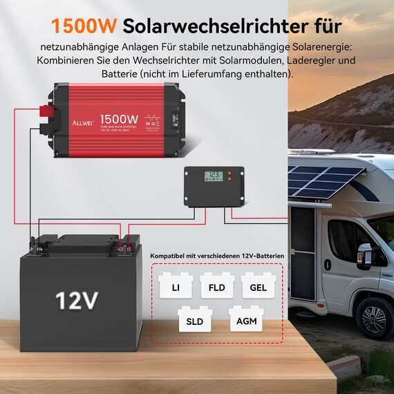 ALLWEI 1500W Reiner Sinus Wechselrichter 12v auf 230v Spannungswandler für Zuhause, Wohnmobil, LKW, netzunabhängige Solaranlagen Wechselrichter Inverter 12v 220v,Spitzenleistung 3000W